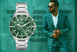 Emporio Armani Diver Chronograph Green Dial Silver Steel Strap Watch For Men - AR11500 Authentic Buy Shop Now
