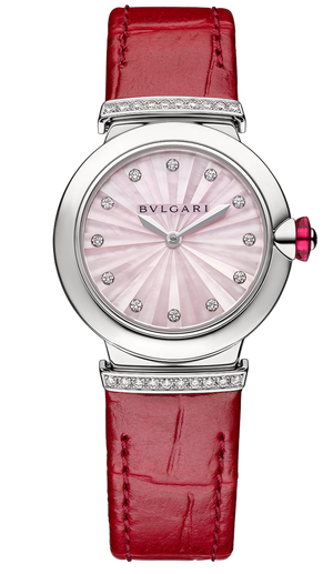 Bvlgari Lvcea Intarsio Diamonds Mother of Pearl Pink Dial Red Leather Strap Watch for Women - LVCEA103619 Authentic Buy Shop Now