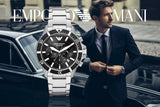 Emporio Armani Diver Chronograph Quartz Black Dial Silver Steel Strap Watch For Men - AR11360 Authentic Buy Shop Now
