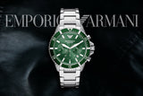 Emporio Armani Diver Chronograph Green Dial Silver Steel Strap Watch For Men - AR11500 Authentic Buy Shop Now