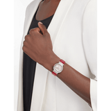 Bvlgari Lvcea Intarsio Diamonds Mother of Pearl Pink Dial Red Leather Strap Watch for Women - LVCEA103619 Authentic Buy Shop Now