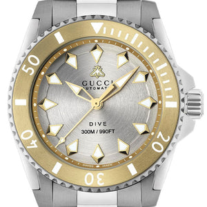 Gucci Dive Automatic 18K Gold Silver Dial Silver Steel Strap Watch for Men - YA136357 Authentic Buy Shop Now