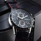 Hugo Boss Rafale Chronograph Black Dial Black Leather Strap Watch For Men - 1513390 Authentic Buy Shop Now