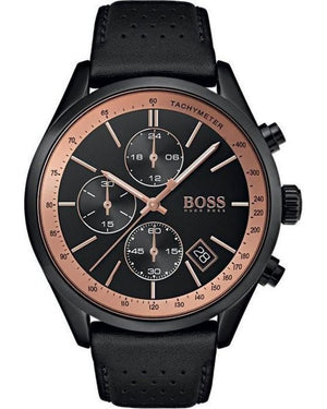 Hugo Boss Grand Prix Chronograph Black Dial Black Leather Strap Watch for Men - 1513550 Authentic Buy Shop Now