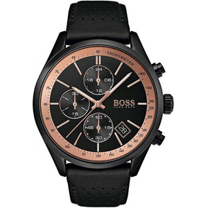 Hugo Boss Grand Prix Chronograph Black Dial Black Leather Strap Watch for Men - 1513550 Authentic Buy Shop Now