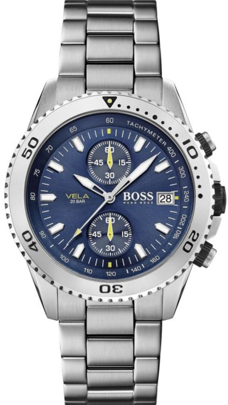 Hugo Boss Vela Chronograph Diver Blue Dial Silver Steel Strap Watch for Men - 1513775 Authentic Buy Shop Now