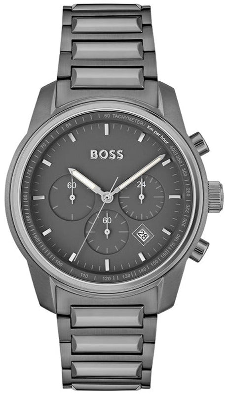 Hugo Boss Trace Chronograph Grey Dial Grey Steel Strap Watch For Men - 1514005 Authentic Buy Shop Now