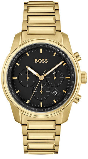 Hugo Boss Trace Chronograph Black Dial Gold Steel Strap Watch For Men - 1514006 Authentic Buy Shop Now