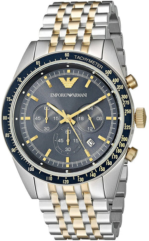 Emporio Armani Tazio Chronograph Blue Dial Gold & Silver Stainless Steel Strap Watch For Men - AR8030 Authentic Buy Shop Now