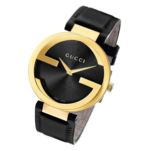 Gucci Interlocking G Gold Black Dial Black Leather Strap Unisex Watch - YA133326 Authentic Buy Shop Now