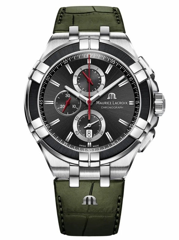 Maurice Lacroix Aikon Chronograph Black Dial Green Leather Strap Watch for Men - AI1018-PVB21-330-1 Authentic Buy Shop Now
