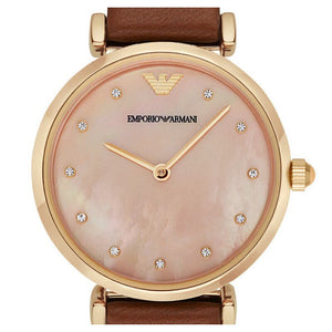 Emporio Armani Gianni T Bar Quartz Pink Mother of Pearl Dial Brown Leather Strap Watch For Women - AR1960 Authentic Buy Shop Now