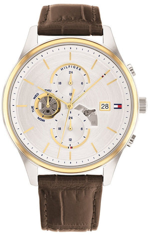 Tommy Hilfiger Weston Chronograph Silver Dial Brown Leather Strap Watch For Men - 1710501 Authentic Buy Shop Now