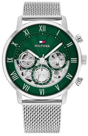 Tommy Hilfiger Legend Chronograph Green Dial Silver Mesh Bracelet Watch For Men - 1710567 Authentic Buy Shop Now