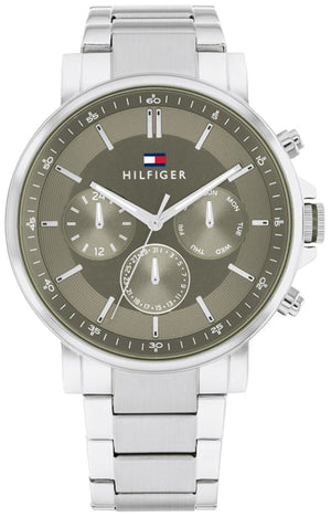 Tommy Hilfiger Tyson Chronograph Green Dial Silver Steel Strap Watch For Men - 1710587 Authentic Buy Shop Now