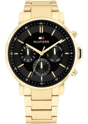 Tommy Hilfiger Tyson Chronograph Black Dial Gold Steel Strap Watch For Men - 1710589 Authentic Buy Shop Now