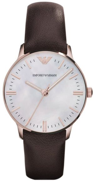 Emporio Armani Classic Quartz Mother of Pearl Dial Brown Leather Strap Watch For Women - AR1601 Authentic Buy Shop Now