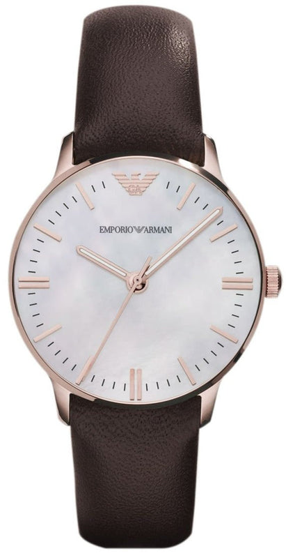 Emporio Armani Classic Quartz Mother of Pearl Dial Brown Leather Strap Watch For Women - AR1601 Authentic Buy Shop Now