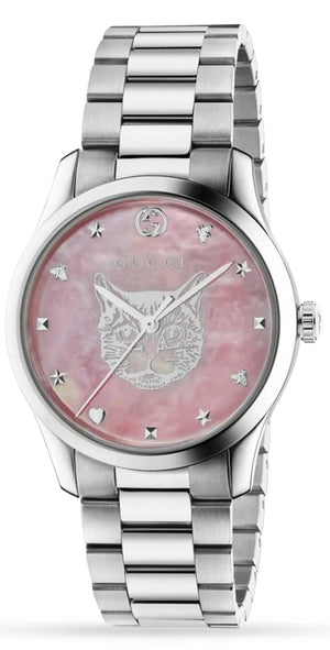 Gucci G Timeless Quartz Mother of Pearl Pink Dial Silver Steel Strap Watch for Women - YA1264166 Authentic Buy Shop Now