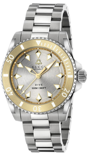Gucci Dive Automatic 18K Gold Silver Dial Silver Steel Strap Watch for Men - YA136357 Authentic Buy Shop Now