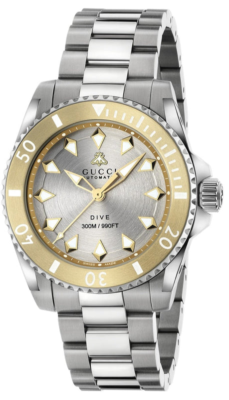 Gucci Dive Automatic 18K Gold Silver Dial Silver Steel Strap Watch for Men - YA136357 Authentic Buy Shop Now