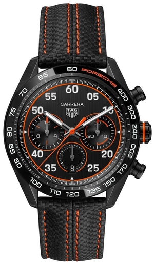 Tag Heuer Carrera Chronograph Porsche Orange Racing 44mm Black Dial Black Nylon Strap Watch for Men - CBN2A1M.FC6526 Authentic Buy Shop Now