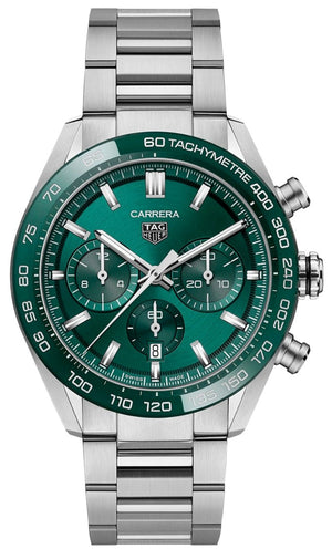 Tag Heuer Carrera Chronograph 44mm Green Dial Silver Steel Strap Watch for Men - CBN2A1N.BA0643 Authentic Buy Shop Now