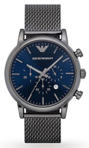 Emporio Armani Chronograph Blue Dial Gun Metallic Mesh Bracelet Watch For Men - AR1979 Authentic Buy Shop Now