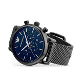 Emporio Armani Chronograph Blue Dial Gun Metallic Mesh Bracelet Watch For Men - AR1979 Authentic Buy Shop Now