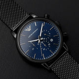 Emporio Armani Chronograph Blue Dial Gun Metallic Mesh Bracelet Watch For Men - AR1979 Authentic Buy Shop Now