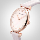 Emporio Armani Gianni T Bar Mother Of Pearl Pink Dial Pink Leather Strap Watch For Women - AR1958 Authentic Buy Shop Now
