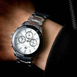 Tommy Hilfiger Hudson Chronograph White Dial Silver Steel Strap Watch For Men - 1791227 Authentic Buy Shop Now