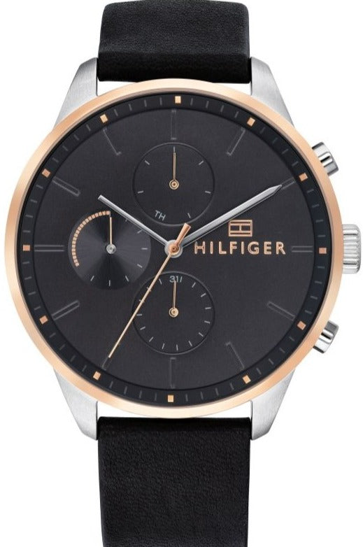 Tommy Hilfiger Chase Chronograph Quartz Grey Dial Black Leather Strap Watch For Men - 1791488 Authentic Buy Shop Now