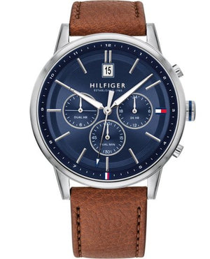 Tommy Hilfiger Kyle Multifunction Blue Dial Brown Leather Strap Watch for Men - 1791629 Authentic Buy Shop Now