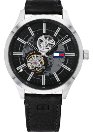 Tommy Hilfiger Spencer Skeleton Black Dial Black Leather Strap Watch for Men - 1791641 Authentic Buy Shop Now