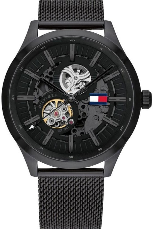 Tommy Hilfiger Spencer Skeleton Black Dial Black Mesh Bracelet Watch for Men - 1791644 Authentic Buy Shop Now