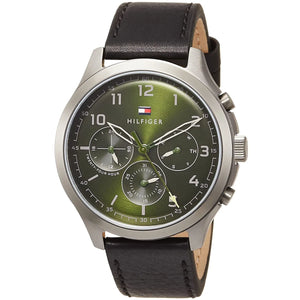 Tommy Hilfiger Asher Chronograph Green Dial Black Leather Strap Watch For Men - 1791856 Authentic Buy Shop Now
