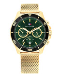 Tommy Hilfiger Jordan Chronograph Green Dial Gold Mesh Strap Watch For Men - 1792093 Authentic Buy Shop Now