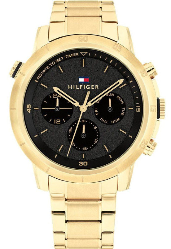 Tommy Hilfiger Troy Chronograph Black Dial Gold Steel Strap Watch For Men - 1792109 Authentic Buy Shop Now