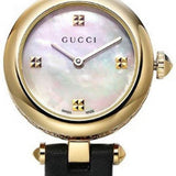 Gucci Diamantissima Mother of Pearl Dial Black Leather Strap Watch For Women - YA141505 Authentic Buy Shop Now