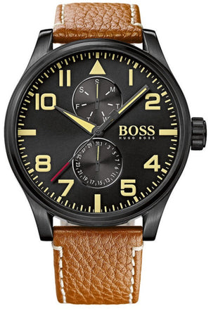 Hugo Boss Aeroliner Maxx Chronograph Black Dial Brown Leather Strap Watch For Men - HB1513082 Authentic Buy Shop Now