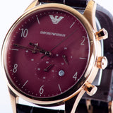 Emporio Armani Classic Chronograph Burgundy Dial Brown Leather Strap Watch For Men - AR1890 Authentic Buy Shop Now