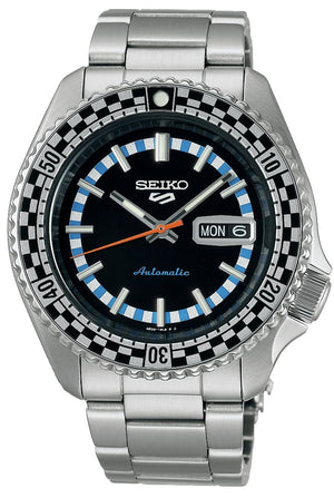 Seiko 5 Sports Checker Flag Special Edition Black Dial Silver Steel Strap Watch For Men - SRPK67K1 Authentic Buy Shop Now