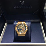 Maserati Automatic Skeleton Dial Rose Gold Blue Leather Strap Watch For Men - R8821108022 Authentic Buy Shop Now