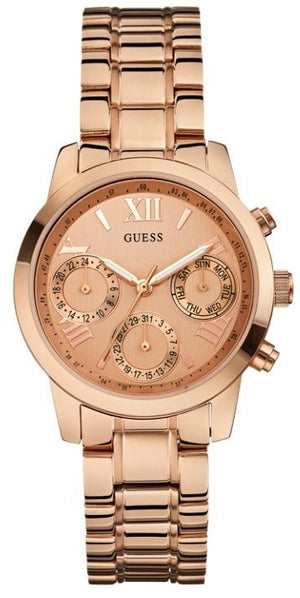 Guess Mini Sunrise Chronograph Quartz Rose Gold Dial Rose Gold Steel Strap Watch For Women - W0448L3 Authentic Buy Shop Now