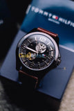 Tommy Hilfiger Bruce Automatic Black Dial Brown Leather Strap Watch for Men - 1791280 Authentic Buy Shop Now
