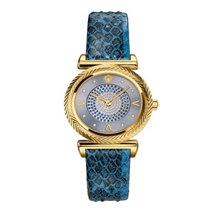 Versace V-Motif Vintage Logo Diamonds Blue Dial Blue Leather Strap Watch for Women - VERE01018 Authentic Buy Shop Now