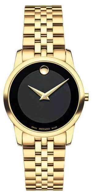 Movado Museum Classic Quartz Black Dial Gold Steel Strap Watch For Women - 0607005 Authentic Buy Shop Now