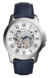 Fossil Grant Automatic Skeleton Silver Dial Blue Leather Strap Watch for Men - ME3111 Authentic Buy Shop Now