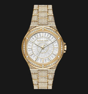 Michael Kors Lennox Three Hand Crystals White Dial Gold Steel Strap Watch For Women - MK6991 Authentic Buy Shop Now